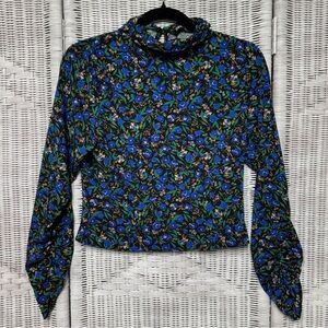 Zara Floral High Neck Longsleeve Blouse Small Blue